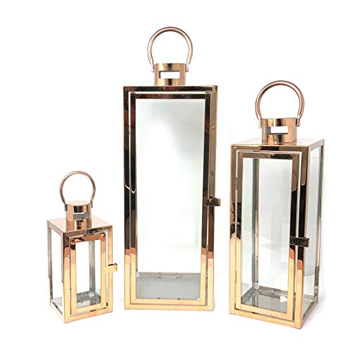 Image of Allgala 3-PC Lantern Set 23 Inch Jumbo Deluxe Modern Indoor /Outdoor Candle Lantern Set Stainless Steel Frame Tempered Glass Rectangular Rose Gold for Garden Poolside Fireplace Wedding