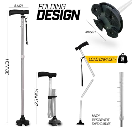 Image of ZELECKS Walking Cane for Women & Men - Self Standing Adjustable Folding Cane with T Handle and 360 Pivot Base - Lightweight Foldable Walking Stick for Seniors - Collapsible Cane for Walking