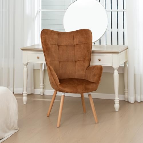 Sessel Relaxsessel Lehnstühle Polstersessel Einzelsofa mit Holzbein Ohrensessel für Wohnzimmer Schlafzimmer Büro Vanity, Stoff, Braun – Bild 5