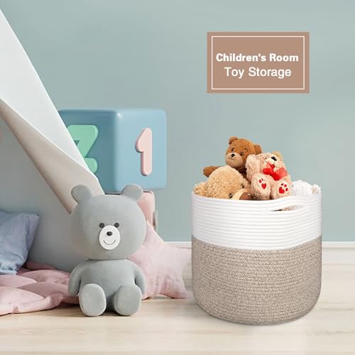سويت ميمو سلة تخزين كبيرة مقاس 40 × 35 سم، سلال بطانيات، سلال من الحبال القطنية لغرفة المعيشة، سلة الغسيل، سلة العاب، سلال تخزين دائرية مزخرفة لتنظيم البطانيات - ابيض وبني