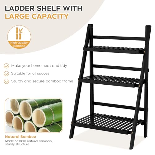 Image of oakvivo 39.4 inch Foldable Plant Shelf Ladder Shelf, 3 Tier Bamboo Ladder Flower Pot Display Shelf, Freestanding Ladder Bookshelf for Garden, Balcony, Yard, Living Room, 23.6 inch W x 15 inch D x 39.4 inch H, Black