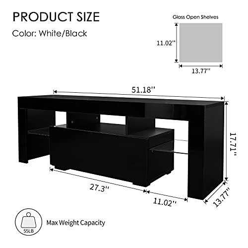 Wersmt Black Tv Stand With Led, Entertainment Center With Drawer For 60 Inch Tv, Modern High Gloss Tv Console Cabinet With 2 Glass Open Shelves #TOP5