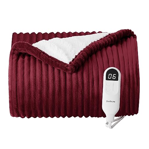 Image of Bedsure Electric Blanket Heated Throw - Soft Ribbed Flannel Heated Blanket, Fast Heating Electric Throw with 6 Heating Levels & 4 Time Settings, 3 Hours Auto-Off (50x60 inches, Red)