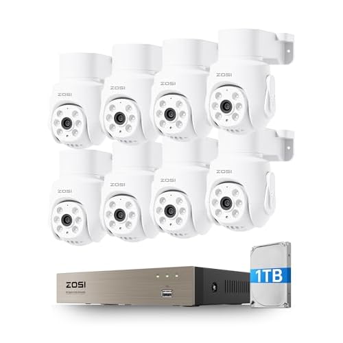 ZOSI Surveillance Camera Kit with Wired, 8CH 5MP DVR with 8X 2MP Outdoor Camera Pan and Tilt 360° View, Person/Vehicle Detection, 20m Night Vision and 24/7 Recording
