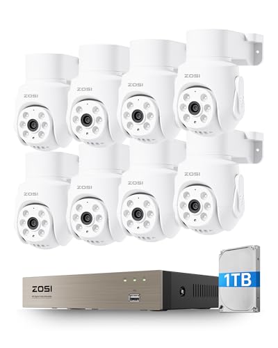 ZOSI Kit Caméra de Surveillance avec Fil, 8CH 5MP DVR avec 8X 2MP Caméra Extérieure Pan et Tilt Vue à 360°, Détection de Personne/Véhicule, Vision Nocturne 20m et Enregistrement 24/7