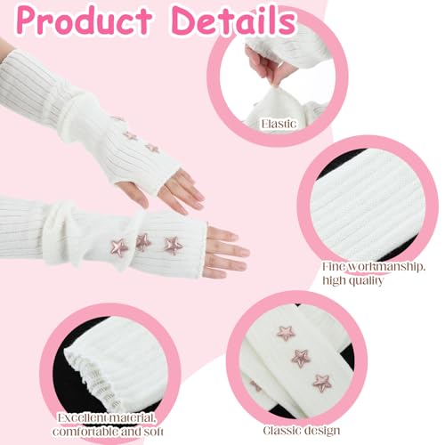 JJUNW 2 Arm Warmers, Star Kids Half Finger Adorable Accessories, Cute Y2K Cold Weather Fashion Arm Sleeve Thumb Hole Gloves for Women Girls (White)