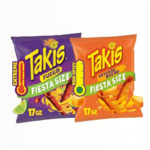 Image of Bundle of Takis Fuego 17oz Fiesta Size Bag, Hot Chili Pepper & Lime Flavored Extreme Spicy Rolled Tortilla Chips + Takis Intense Nacho 17 oz Fiesta Size Bag