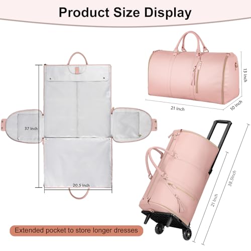 Ytonet Rolling Garment Bags for Travel, Convertible Carry On PU Leather Travel Bag 2.0 Roller Edition, 3 in 1 Suit Garment Duffle Bag with Wheels and Shoe Pouch for Business Wedding Overnight, Pink - Thumbnail 7