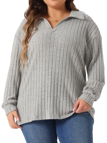 Image of Agnes Orinda Women's Plus Size Loose Polo V Neck Long Sleeve T Shirts Tops Collared Ribbed Brushed Top Sweater Casual
