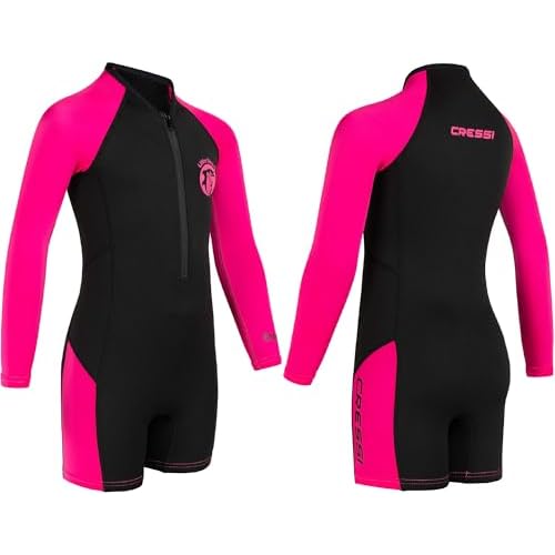 Cressi Little Shark Jr Shorty 2mm - Langarm Neoprenanzug für Kinder,Schwarz/Rosa, 3/4 Jahre