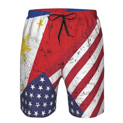USA American Flag and Filipino Philippines Flag Board Shorts Man's Quick Dry Bathing with Pockets