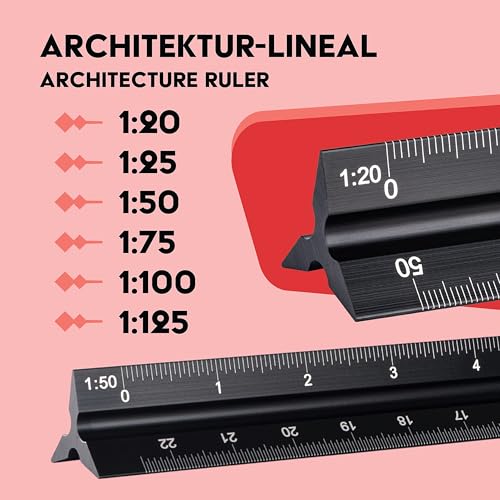 WINTEX Dreikantmaßstab - 30 cm - Architektur Maßstab Zubehör aus Aluminium im Format 1:20, 1:50, 1:75, 1:100, 1:125 - Dreikant Lineal mit Tasche in Schwarz