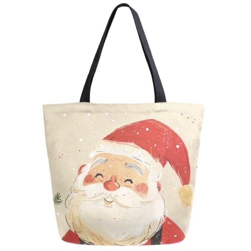 Extra Large Canvas Shoulder Tote Bag, Lovely Cartoon Santa Christmas Durable Daily Womens Handle Bag for Gym Yoga Weekender Picnic Beach Travel Kitchen Reusable Market Grocery Shopping