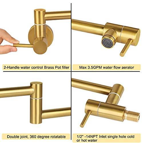 Kwode Gold Pot Filler Faucet 24 Inch Brass Commercial Wall Mount Kitchen Sink Faucet Folding Stretchable With Single Hole Two Handles #TOP3