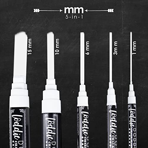 Image of Loddie Doddie Liquid Chalk Markers - Pack of 5, Multi-Tip 1-15mm, White - Versatile Chalk Art for Blackboard & Window - Fine Tip Ink Pen for Intricate Designs - Erasable Dry Erase Markers