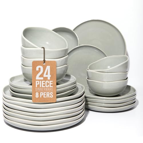 Image of Large Holiday Dinnerware Sets for 8, Ceramic Plates and Bowls Set, Kitchen Dish Set, Microwave & Dishwasher Safe Dishware, Perfect for Christmas & Thanksgiving, Gray Green