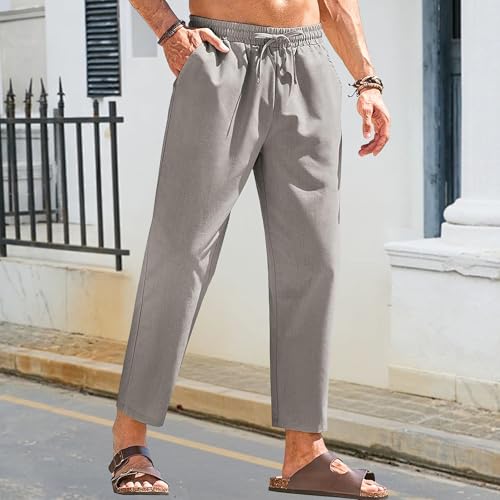 Men's Linen Pants Drawstring Elastic Waist Baggy Summer Pants Casual Loose Fit Beach Trousers with Pockets3
