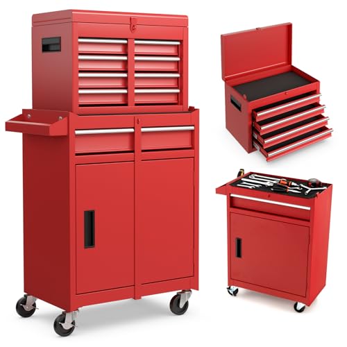 ERGOMASTER Rolling Tool Chest - Heavy Duty Material & Lockable Top-Box & Storage Cabinet for Garage and Workshop - 5-Drawer Tool Box & Red