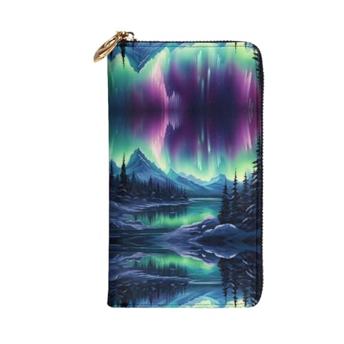 Leather Wallet - Stylish and Functional Wallet for Women with Multiple Compartments and Zipper Design Northern Lights Painting Prints, Black, One Size2