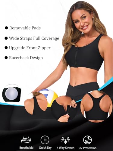 Women's Sports Bra Bikini Top for Large Bust Racerback Swim Bras Zipper in Front Bathing Suit Top Swimsuit Tops Only4