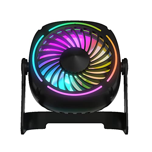 Small USB RGB Desk Fan Portable Table Fan with 3 Levels Air Flow,8 Color LED Lights, 360 Rotation,Quiet Mini Personal Fan for Home Office Desktop (UF-4B)