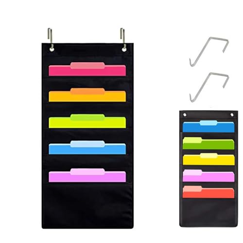 Hanging Wall File Organizer, 5 Pocket, Black Wall Storage Pocket ...