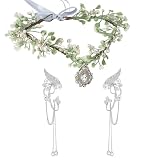 SWEETV Fairy Crown Elf Ears Cuffs Set Flower Crown Headpiece Halloween Elves Cosplay Set Renaissance Costume Medieval Tiara