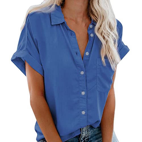 Masrin Bluse Damen Sommer Kurzarm Tops mit Tasche Modisches einfarbiges...