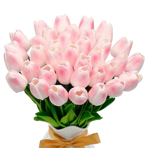 VIKINGS PANDA 36 unidades de 33 cm de flores artísticas de tulipanes en MatéRiau Pu flores artificiales como decoración real para el hogar para bodas, fiestas, habitaciones en casa, oficina (36, rosa)