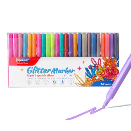 SKYGLORY 24 Colour Chisel Tip Vibrant Sparkly Markers Set Water-Based Art Glitter Markers for Beginners Crafts & Creative Designs