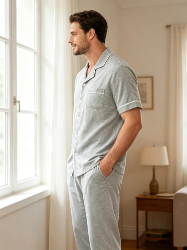 Image of Mens Pajamas Set Short Sleeve Sleepwear Button Down Loungewear Set Soft Modal 2Pcs Pj Set with Pockets S-3XL