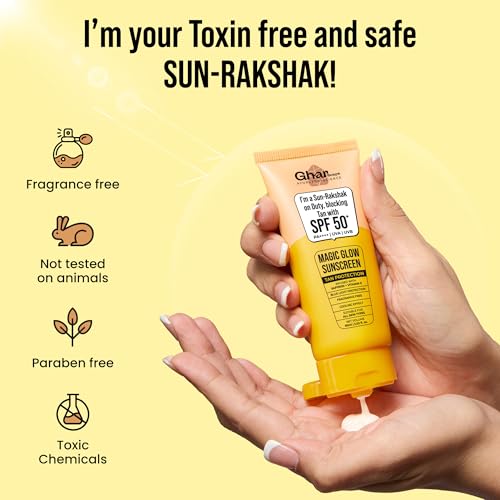 Image of Ghar Soaps Magic Glow SPF 50+ PA++++ Mineral Sunscreen | UVA /UVB & Blue Light Protection | No White Cast, Non-Greasy (60g, Pack of 1)