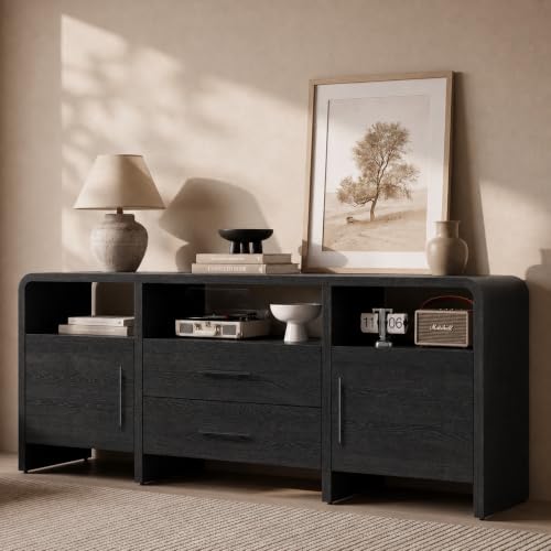 Fatmok 70" Curved TV Stand with Storage for TVs Up to 80", Modern Entertainment Center with 3 Open Shelves & 2 Drawers, Large Media Console for Living Room, Bedroom, Black Grey