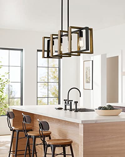 Ken & Ricky 36 Inch Farmhouse Chandelier, Rustic Dining Room Light Fixture, 4-Light Kitchen Island Lighting Pool Table Pendant Light, Solid Wood And Metal Frame #TOP6