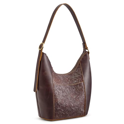 Image of S-ZONE Leather Purses for Women Shoulder Hobo Handbag Rose Pattern Travel | Full Grain Cattle Leather, Fits 9.7-inch Tablet, Daily Casual, Adjustable Shoulder Strap, Multi Pocket Storage