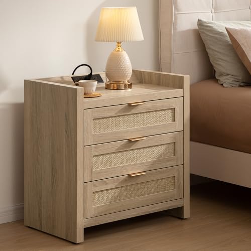 Image of SICOTAS Rattan Nightstand Bedside Table - Larger Night Stand with Type-C Charging Station, 3 Drawers Storage - Boho Night Stands End Table for Bedroom - Light Oak