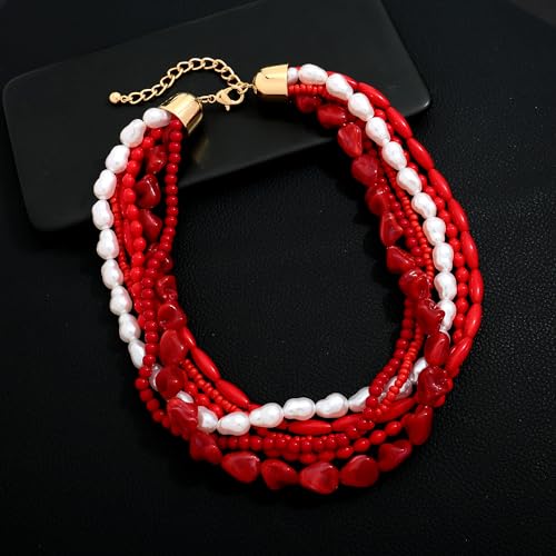 WOWORAMA Layered Choker Collar Necklace for Women Red Coral Beads Multi-Layer Statement Necklace Adjustable Chunky Layered Acrylic Choker Necklaces Trendy Jewelry
