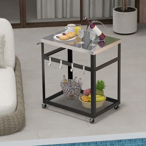 Generisch Grilltisch Outdoor, Servierwagen mit 2 Ablagen & 4 Rädern & Griff & 4 Haken, Pizzatisch Beistelltisch Grillwagen für Hinterhof, Garten, Terrasse (2 Ablagen), Schwarz + Silber