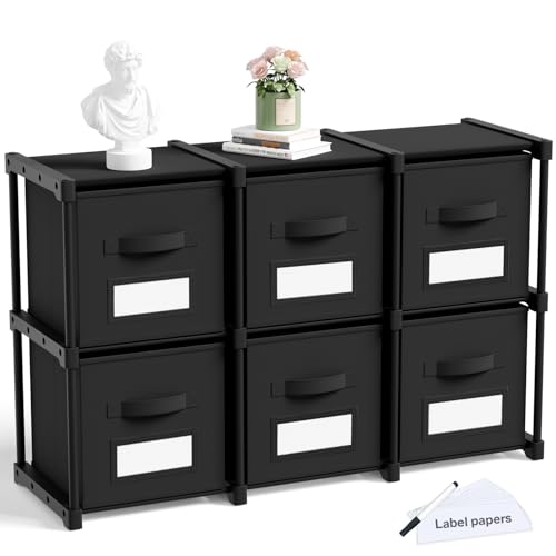 Geelin 6 Cube Storage Organizer with Fabric Bins and Labels 11 Inch, Fabric Collapsible Cubby Clothes Storage Drawer Dresser for Bedroom Living Room Office Organization