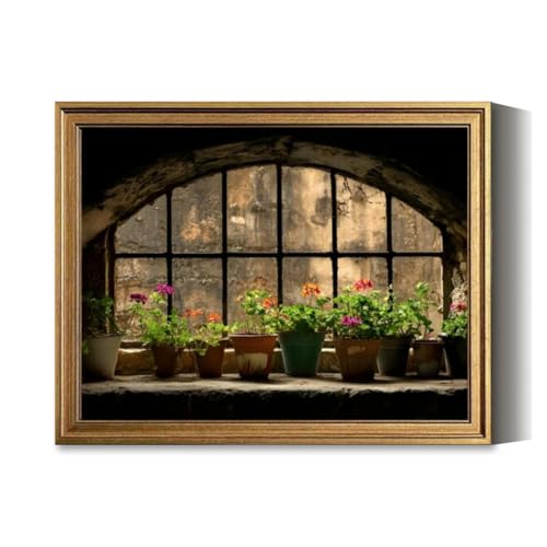 Vintage Framed Wall Art Colorful flowers terracotta pots adorn a