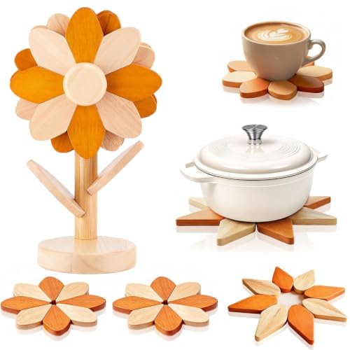 NeoWison Sonnenblume Holz-Topfuntersetzer 5-teilig mit Baumständer
