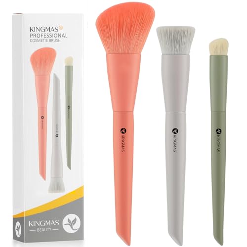 KINGMAS Lot de 3 pinceaux de maquillage Kabuki pour fond de teint et contour des yeux et fard à joues - Pinceaux de maquillage Kabuki pour le visage, le blush, la poudre bronzante, le polissage de