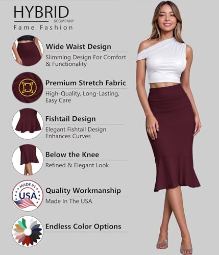 Image of HyBrid & Company Womens Premium Nylon Ponte Stretch Office Fishtail Pencil Skirt High Waist Made in The USA Below Knee