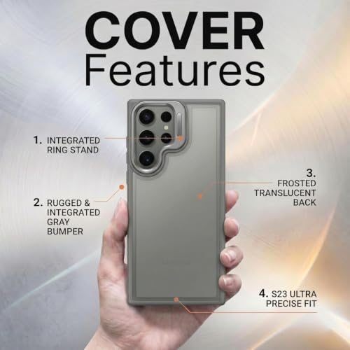 Image of amazon basics Frosted Matte Case for Samsung Galaxy S23 Ultra 5G | Built-in Flip-Out Camera Lens Stand | Translucent Back with Contrast Gray Bumper | Foldable Kickstand