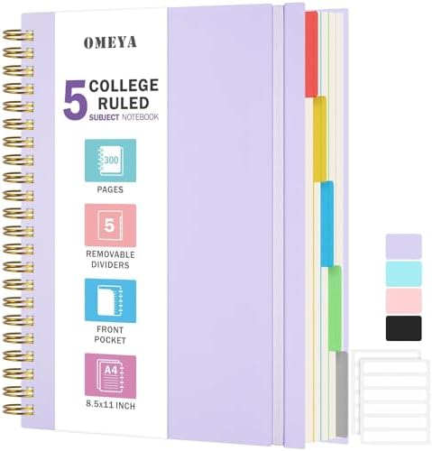 Spiral Notebook 8.5" x 11", 5 Subject Notebooks College Ruled wit...