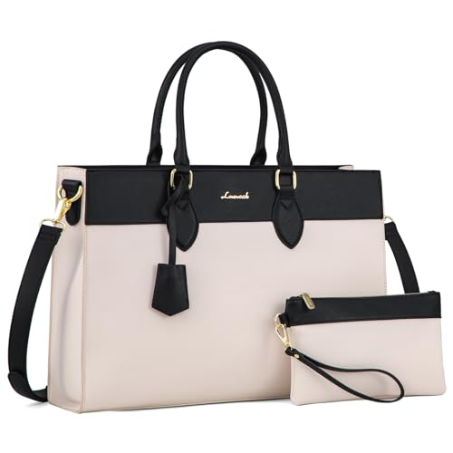LOVEVOOK Laptoptasche Damen, 15,6 Zoll Handtasche Arbeitstasche Lehrertasche Groß, Wasserdicht Shopper Business Tasche Schultertaschen Aktentasche Umhängetasche Leder Tote Bag für Büro,Schwarz Beige