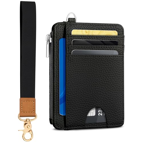 Image of Kelvoris Black Slim Wallet Women Credit Card Holder, Small RFID Wristlet | Keychain, Zipper Coin Pocket, Front Pocket Thin Travel Card Case, Minimalist, 6 Card Slots, 1 ID Window, Ladies Gifts Woman
