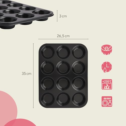 Foto von wenco Muffinform 12er – antihaft Backblech / Spülmaschinengeeignet / Karbonstahl – Muffinblech für 12 Muffin – Hitzebeständig bis 220°C, nur wenig Fett oder Butter zum Backen benötigt