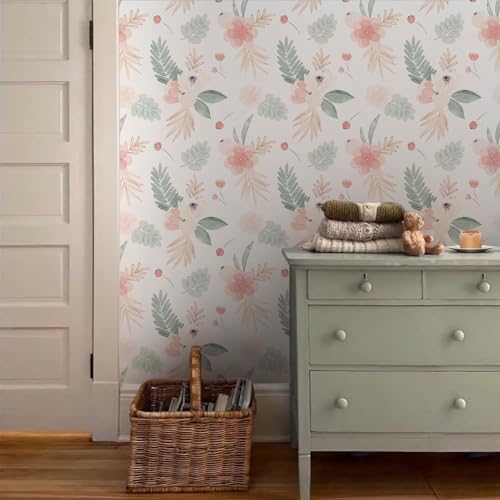 Papel de pared hojas verdes y amapola rosa autoadhesivo y extraíble 4