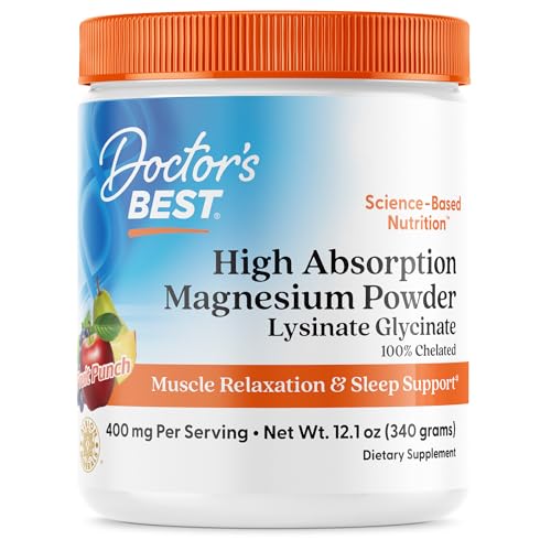 Doctors Best Magnesium Glycinate Powder for Calm & Sleep Support - Magnesium Supplement for Men & Women 400 mg Per Serving 100% Chelated High Absorption Fruit Punch Flavor Gluten Free - 12.1 oz